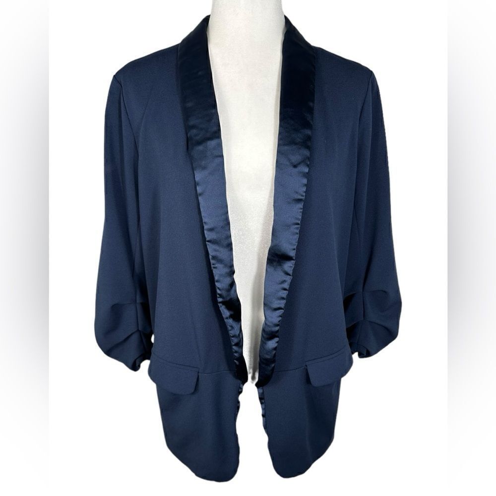 Anthropologie x Hutch Navy Blue Texture Block Open Front Blazer - Picture 2 of 12